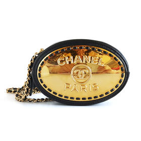 【95新】CHANEL香奈儿AP2956B0893594305黑色羊皮金属牌圆饼包月饼包单肩斜挎链条包女士101125NJT49