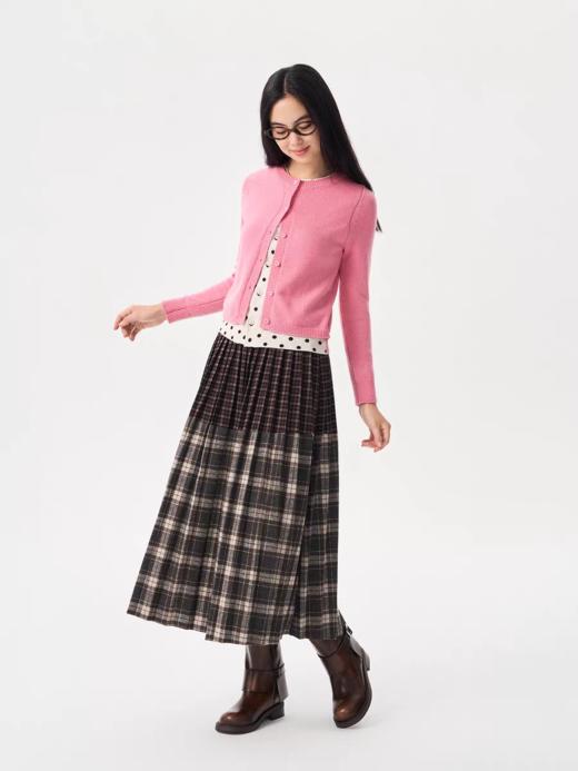 heris/H54111/紫灰色学院格纹拼接 细密压褶大摆 毛呢A字百褶裙 商品图1