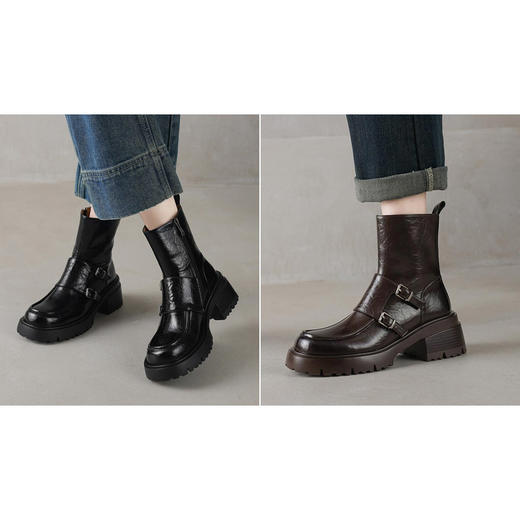 【真皮厚底英伦皮带扣短靴】 冬季新品侧拉链小众靴子6CM-CC 商品图0