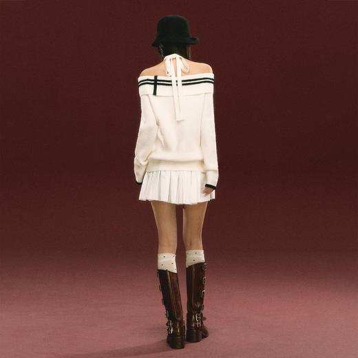 Ariseism 美式复古设计感一字肩针织衫女秋冬新款上衣套头毛衣 商品图3