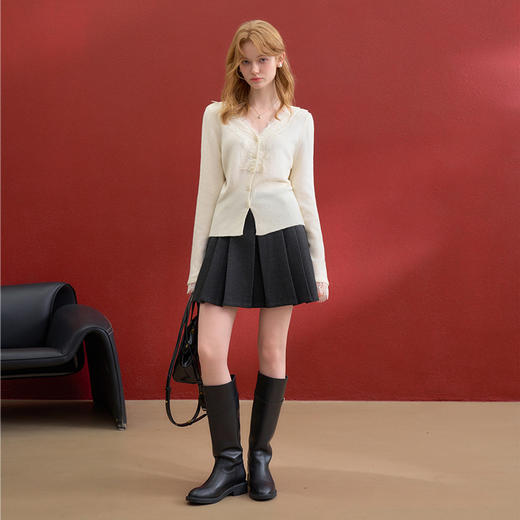 西遇韩系针织开衫女秋季新款法式温柔V领蕾丝短款毛衣外套SS051620 商品图1