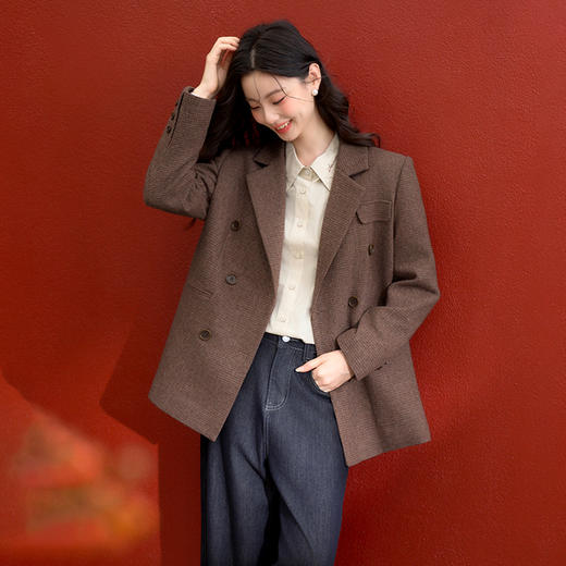 西遇高级感休闲毛呢西装外套女冬季新款宽松显瘦垫肩通勤西服V3855315 商品图0