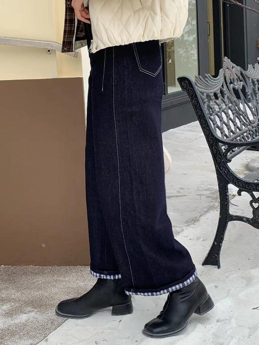 【百图lulu定制】【深蓝牛仔裤】内里磨毛 格子拼接 九分半 牛仔裤 商品图2