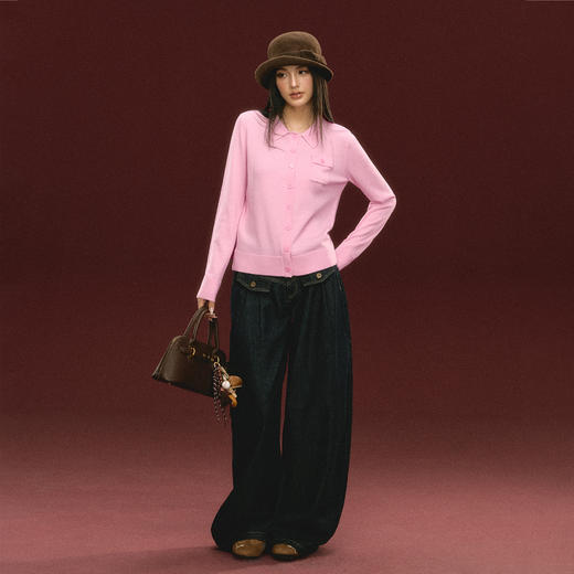 Ariseism 美式复古粉色翻领针织开衫毛衣女秋冬新款上衣 商品图3