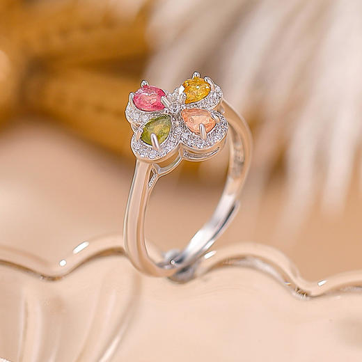 【四叶如画】S925纯银碧玺水滴四叶草开口戒指【CW-23325】 商品图2