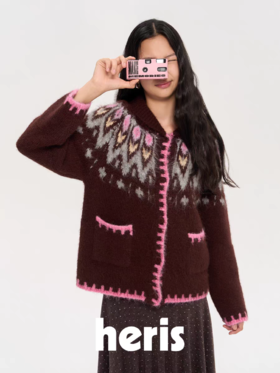 heris/H53106/郁金香费尔岛提花 翻领撞色开衫毛衣外套