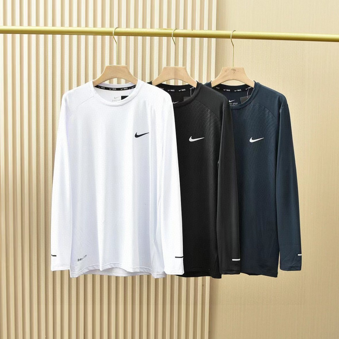 面料轻薄舒适透气！ 钩子耐克秋冬圆领男士运动轻薄弹力健身长袖三色T恤衫 打底衫!!硅胶立体logo!