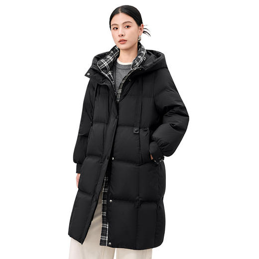 QS复古格子拼接黑色羽绒服女冬季新款韩版加厚中长款95鸭绒外套5113 商品图4