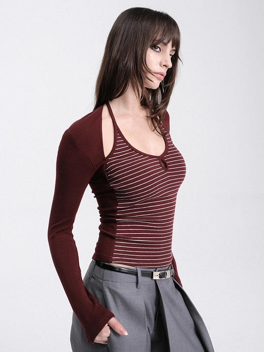 TR她热 自在呼吸 BraFree 酒红色拼接条纹袖套修身显瘦带胸垫百搭挂脖打底衫上衣 商品图3