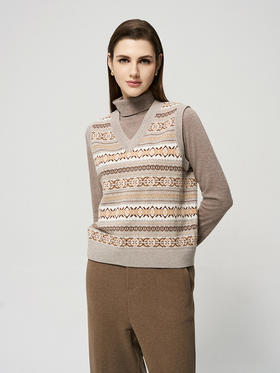 【V领无袖羊绒套衫】羊绒世家秋冬新品100%山羊绒条纹提花针织背心