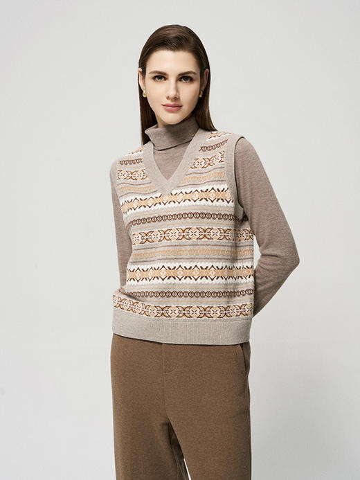 【V领无袖羊绒套衫】羊绒世家秋冬新品100%山羊绒条纹提花针织背心 商品图0