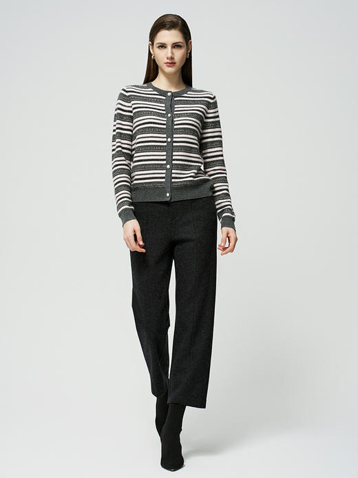 【条纹撞色羊绒开衫】羊绒世家秋冬新品女士100%山羊绒开衫圆领条纹针织开衫 商品图2