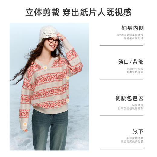 【抗起球】三彩独醒2025冬季新款V领提花针织衫长袖套头衫宽松F 商品图3