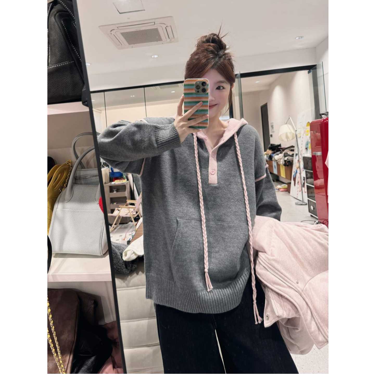 25AW上新 蕾蕾同款【彩虹对对碰！】韩版时尚撞色连帽宽松针织套头毛衣