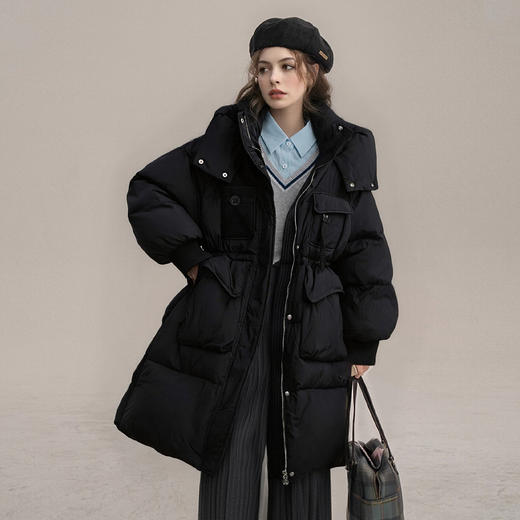 【90白鸭绒】连帽抽绳保暖羽绒服女冬季宽松休闲显瘦中长款外套 商品图2