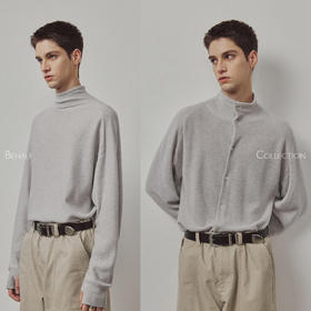 714street高端线BEHALF 100%美利奴羊毛正反穿贝壳扣高领开衫毛衣