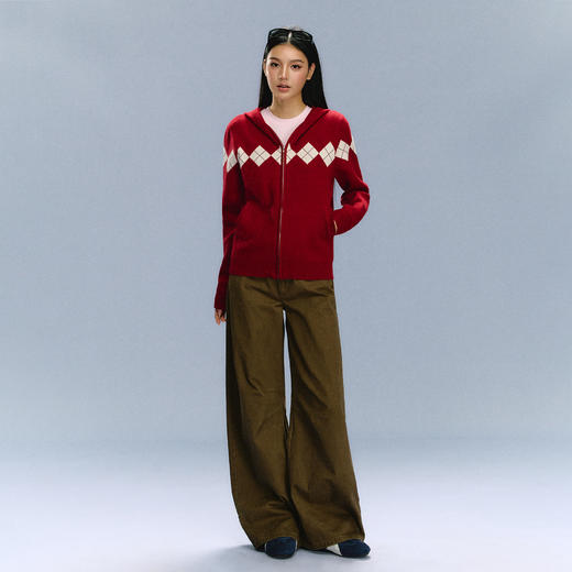 Ariseism 美式复古红色连帽针织开衫毛衣女秋冬新款上衣 商品图2