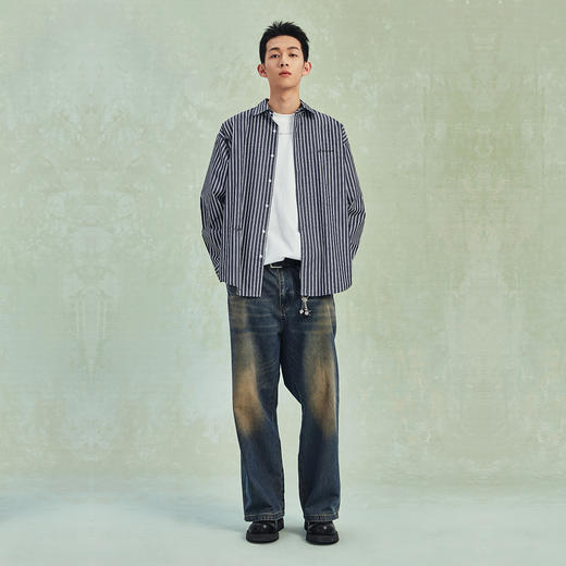 NPC潮牌纯棉休闲字母刺绣条纹衬衫男潮流宽松衬衣长袖NP41SH01 商品图1