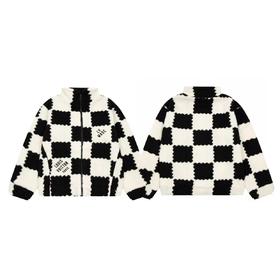 D111947联名款棋盘格子刺绣logo字母情侣立领羊羔毛外套