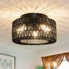 美国 波西米亚风吸顶灯 藤编笼形灯罩 3灯头（不含灯泡）