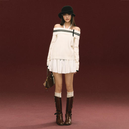 Ariseism 美式复古设计感一字肩针织衫女秋冬新款上衣套头毛衣 商品图2