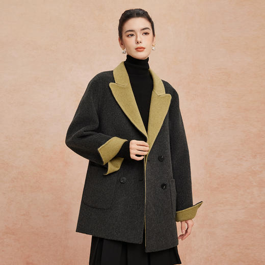 QH918斯尔丽2025新款含山羊绒羊毛双面双色双排通勤优雅气质简约大衣 商品图5