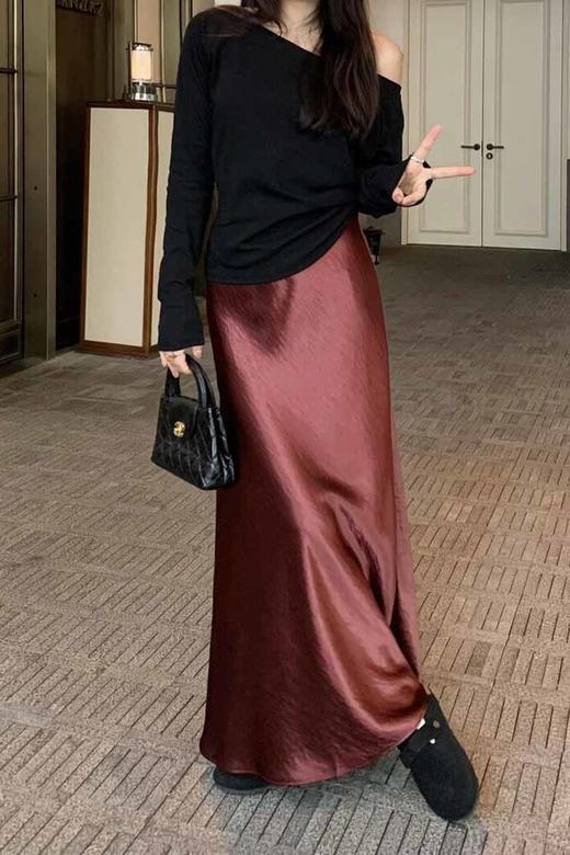 ELLA JADE 法式气质醋酸缎面垂坠感高腰半裙 21622 商品图3