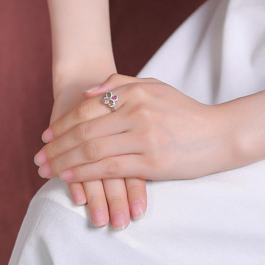 【四叶如画】S925纯银碧玺水滴四叶草开口戒指【CW-23325】 商品图3