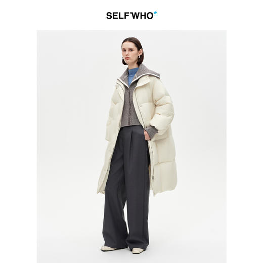 SELFWHO90白鸭绒假两件毛织拼接翻领羽绒服女2025冬新款长款外套 商品图2