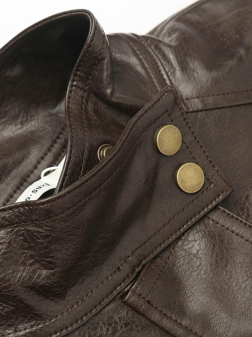 秋冬新款复古深棕色立领皮夹克 宽松工装风大口袋短款外套 帅气机车风仿皮衣上衣 商品图2