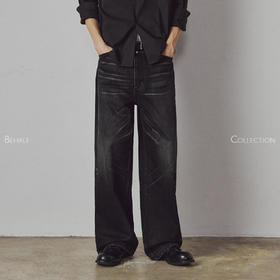 714street高端线 BEHALF 粗斜 靛蓝烟黑 破坏侧骨水洗直筒牛长裤