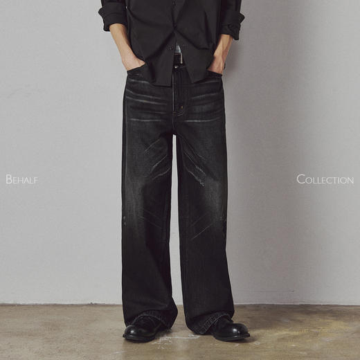 714street高端线 BEHALF 粗斜 靛蓝烟黑 破坏侧骨水洗直筒牛长裤 商品图0