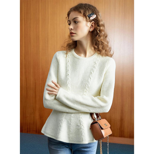 简约磨毛圆领收腰叶边针织打底衫女冬季法式纯色显瘦休闲套头毛衣 商品图0