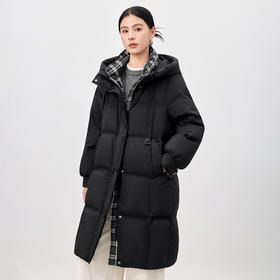 QS复古格子拼接黑色羽绒服女冬季新款韩版加厚中长款95鸭绒外套5113