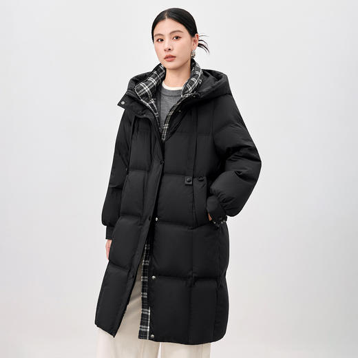QS复古格子拼接黑色羽绒服女冬季新款韩版加厚中长款95鸭绒外套5113 商品图0