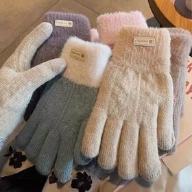 【触感温暖细腻❗️食指拇指触屏无忧】五指触屏毛绒双层编织毛线手套女秋冬季针织保暖骑行加绒加厚。ja
