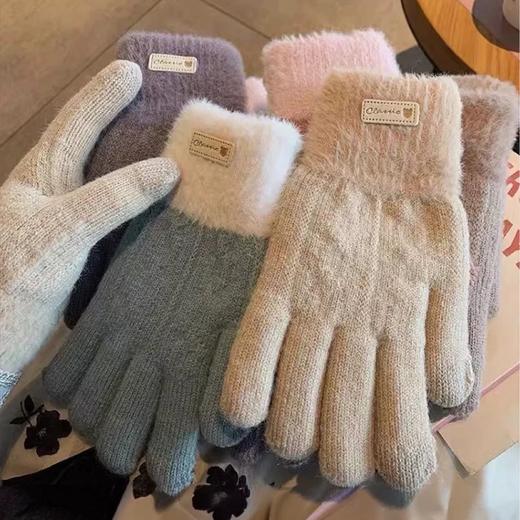 【触感温暖细腻❗️食指拇指触屏无忧】五指触屏毛绒双层编织毛线手套女秋冬季针织保暖骑行加绒加厚。ja 商品图0