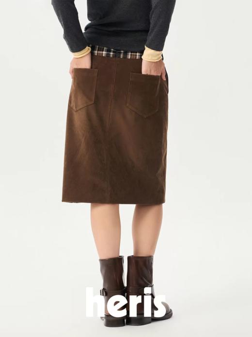 heris/H54109/抽皱格纹拼接麂皮低腰直筒显瘦百搭半裙 商品图2
