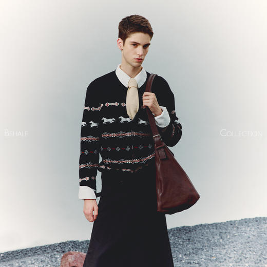 714street高端线BEHALF冰岛提花 羊毛烧边果实扣复古修身开衫毛衣 商品图3
