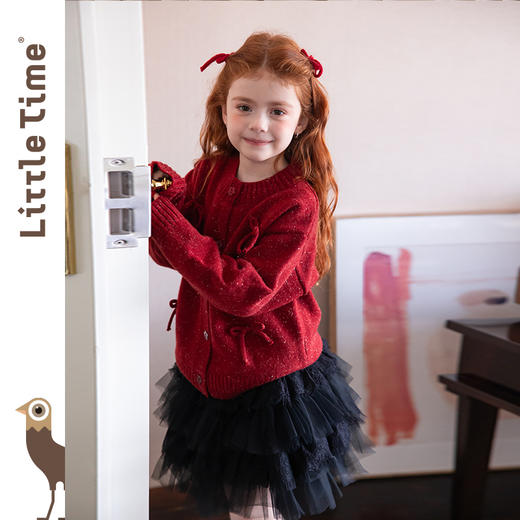 littletime女童开衫2025秋冬新款蝴蝶结针织红色新年红毛衣外套 商品图2