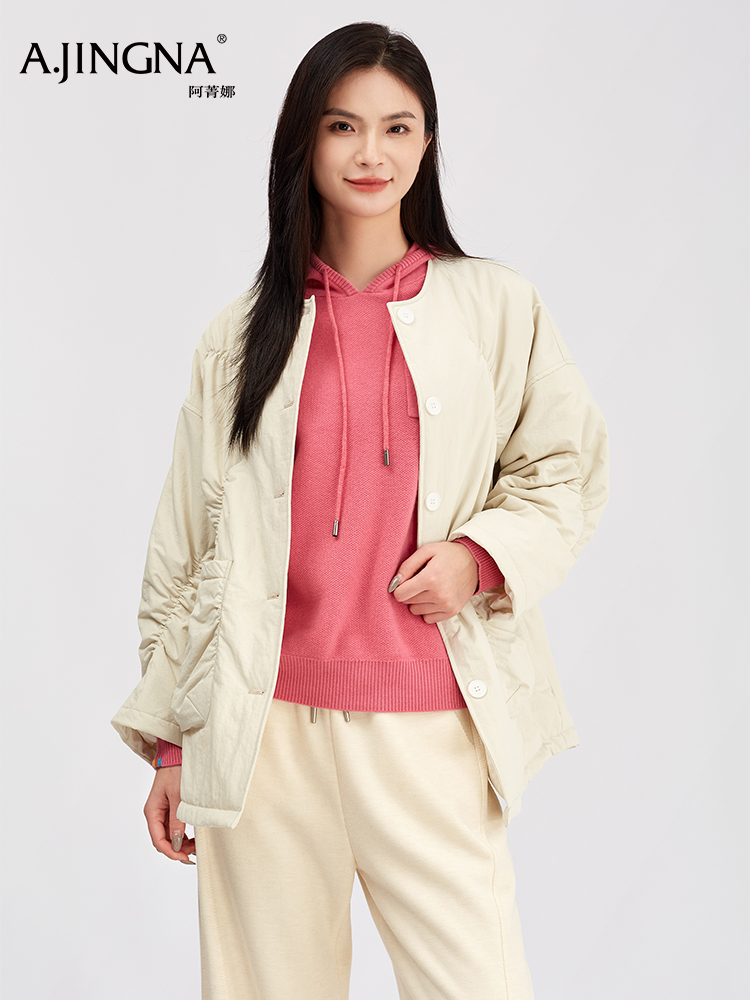 【弧形绗缝】阿菁娜冬季新款显瘦慵懒棉服弧形绗缝设计落肩宽松版型F30D215008