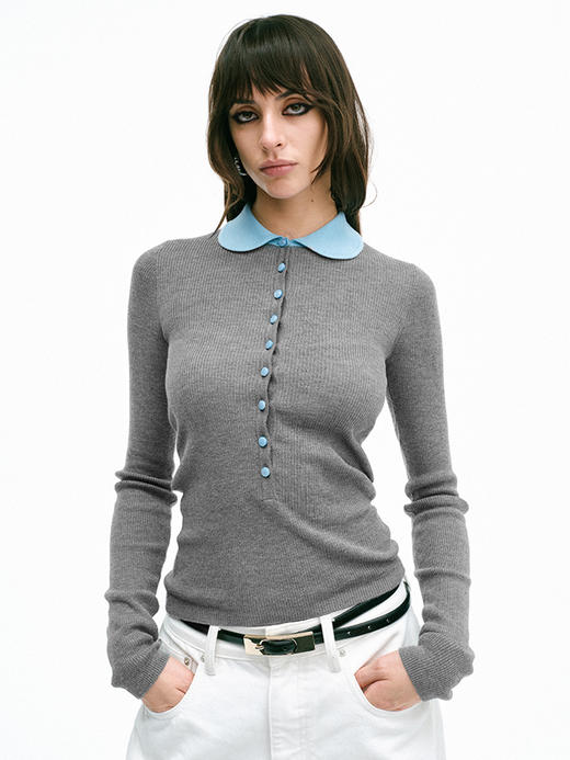 TR她热 海盐甜心 灰蓝撞色桑蚕丝羊毛假两件复古修身娃娃领打底衫 商品图2