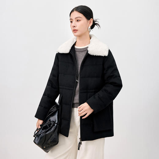 QS翻领毛领鹅绒服女25冬季新款简约日常保暖纯色设计感羊毛外套8516 商品图3