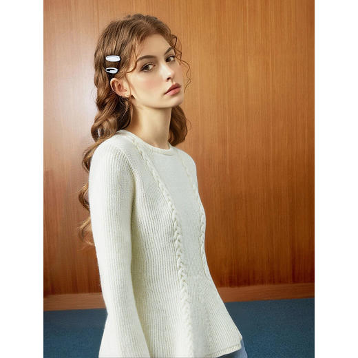 简约磨毛圆领收腰叶边针织打底衫女冬季法式纯色显瘦休闲套头毛衣 商品图3