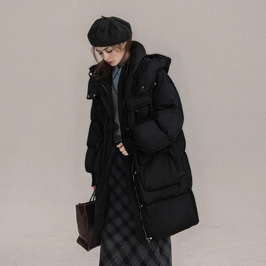 【90白鸭绒】连帽抽绳保暖羽绒服女冬季宽松休闲显瘦中长款外套 商品图0