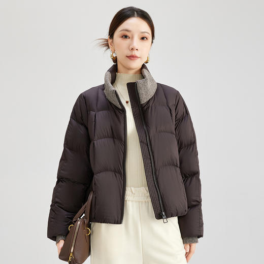 QS冬季新款白鸭绒女装简约纯色高级防寒感短款立领面包服羽绒服5132 商品图1