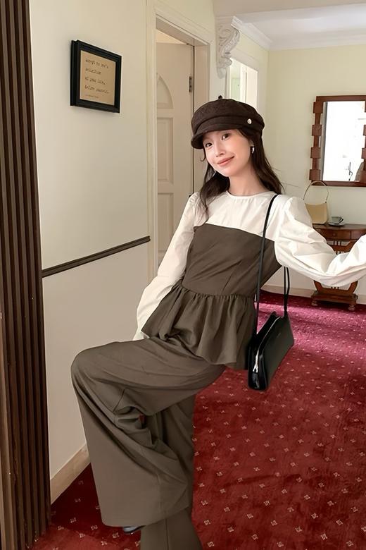 Le Malene 个性撞色拼接收腰上衣直筒裤套装 21576 商品图4