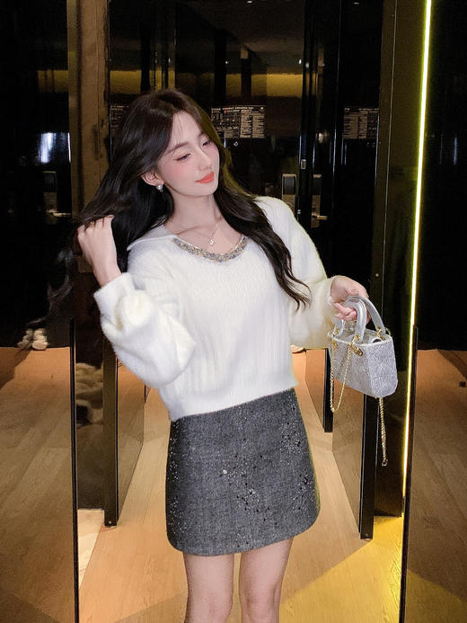 张心子【时髦精密码】高腰亮片遮胯显瘦半身裙 U2511106 商品图13