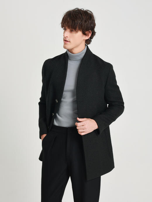 callisto深灰立体浮雕花型全羊毛编织小V立领大衣 商品图3