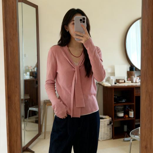 梅子粉飘带针织衫，超绝氛围感假两件，秋冬靠它出圈【3-5天发货】 商品图1